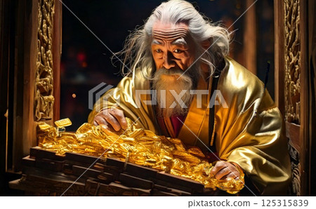 一位老人在日本建築裡看著金條 一位老人在日本建築裡看著金條 125315839