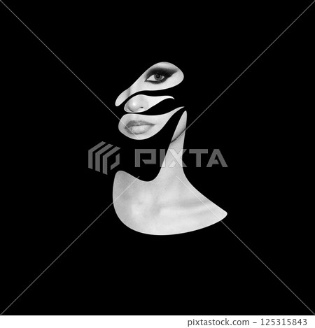 Abstract and surreal woman black and white portrait illustration collage made of wavy geometric shapes in black background Abstract and surreal woman black and white portrait illustration collage made of wavy geometric shapes in black background 125315843