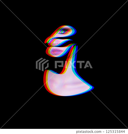 Abstract and surreal woman portrait illustration collage made of wavy geometric shapes in RGB color split effect 125315844