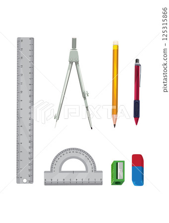 Set of ruler instruments and school equipment isolated on white background 125315866