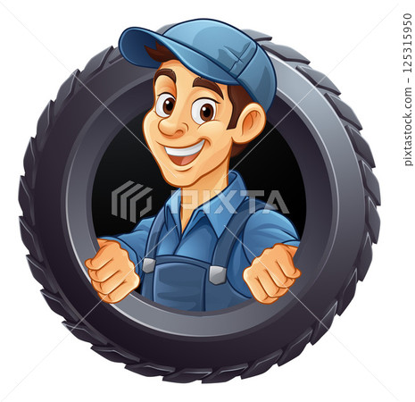 Tyre Tire Car Service Mechanic Mascot Cartoon Man 125315950