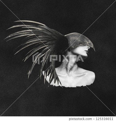 Surreal Woman Monochrome Portrait with Bird Mask 125316011
