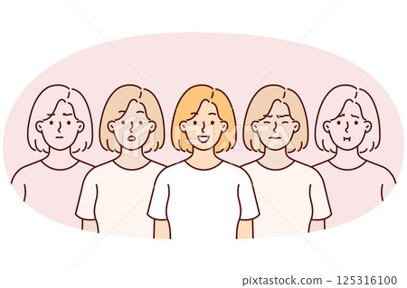 Woman in great mood stands among doubles who are depressed due to stress or depression 125316100