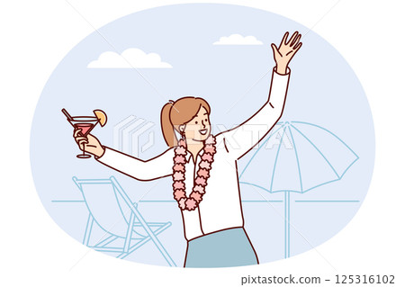 Happy woman in business clothes stands on beach with cocktail in hands dances at beach party 125316102
