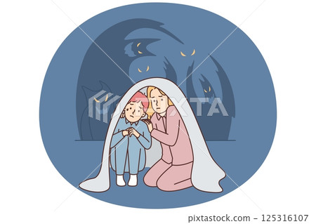 Teenage boy and girl sit wrapped in blanket scared of ghosts after watching scary movie Teenage boy and girl sit wrapped in blanket scared of ghosts after watching scary movie 125316107