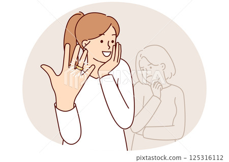 Woman feels delight showing wedding ring on finger after marriage proposal from boyfriend 125316112