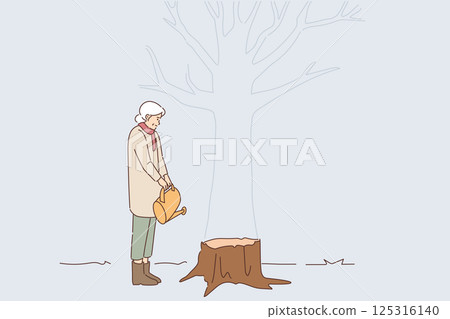 Elderly woman is upset about deforestation, stands near stump and holds watering can in hands 125316140