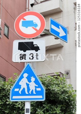 Road signs: No entry for large freight vehicles, no entry for freight vehicles with a specified maximum load, pedestrian crossing - B Road signs: No entry for large freight vehicles, no entry for freight vehicles with a specified maximum load, pedestrian crossing - B 125316184