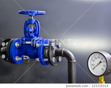 Industrial valve with pressure gauge located in a factory setting showing operational status and functionality Industrial valve with pressure gauge located in a factory setting showing operational status and functionality 125316314