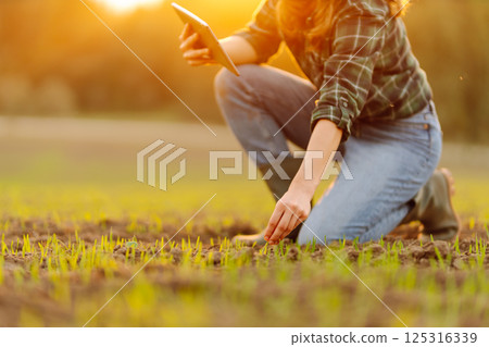 Farmer woman in boots checks the quality of the soil before sowing in her hands with digital tablet. 125316339