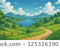 A countryside surrounded by lakes and mountains 125316390