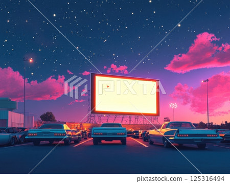 Classic drive-in movie theater with vintage cars, a glowing screen, and stars in the night sky, reimagined for today 125316494