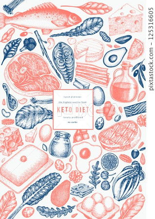 Keto Diet Design Template. Vector Hand Drawn Healthy Food Banner. Vintage Style Ketogenic Menu Illustration. 125316605