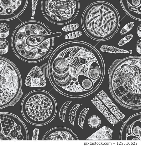 Japanese Cuisine Vector Seamless Pattern. Asian Dishes Chalk Board Hand Drawn Background. Retro Japan Traditional Food Illustration. Japanese Cuisine Vector Seamless Pattern. Asian Dishes Chalk Board Hand Drawn Background. Retro Japan Traditional Food Illustration. 125316622