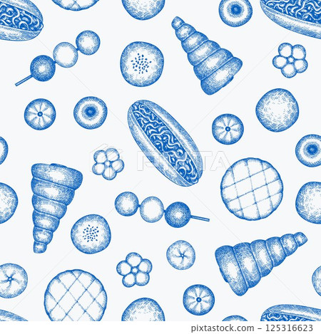 Japanese Cuisine Vector Seamless Pattern. Asian Desserts Hand Drawn Background. Retro Japan Traditional Food Illustration. 125316623