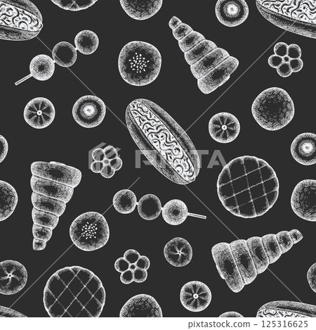 Japanese Cuisine Vector Seamless Pattern. Asian Desserts Chalk Board Hand Drawn Background. Retro Japan Traditional Food Illustration. 125316625