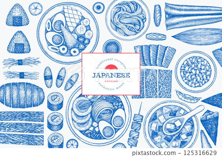 Japanese Cuisine Vector Design Template. Asian Dishes Hand Drawn Background. Retro Japan Traditional Food Illustration. Japanese Cuisine Vector Design Template. Asian Dishes Hand Drawn Background. Retro Japan Traditional Food Illustration. 125316629