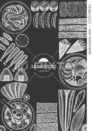 Japanese Cuisine Vector Design Template. Asian Dishes Chalk Board Hand Drawn Background. Retro Japan Traditional Food Illustration. Japanese Cuisine Vector Design Template. Asian Dishes Chalk Board Hand Drawn Background. Retro Japan Traditional Food Illustration. 125316632