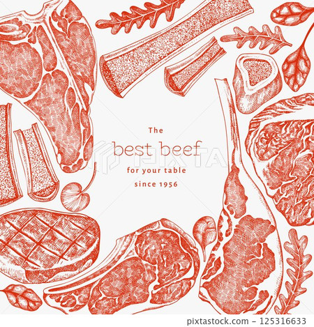 Butchery Shop Design Template. Vector Hand Drawn Meat Banner. Vintage Style Bar B Q Menu Illustration. Butchery Shop Design Template. Vector Hand Drawn Meat Banner. Vintage Style Bar B Q Menu Illustration. 125316633