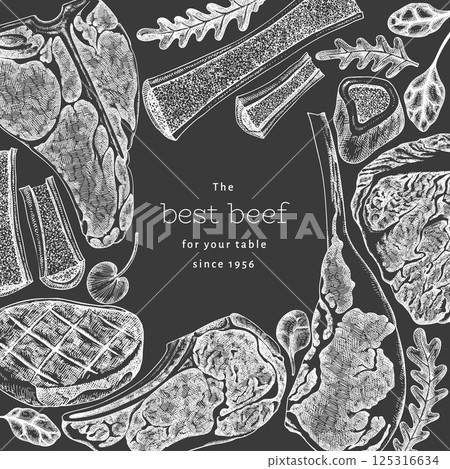 Butchery Shop Chalk Board Design Template. Vector Hand Drawn Meat Banner. Vintage Style Bar B Q Menu Illustration. Butchery Shop Chalk Board Design Template. Vector Hand Drawn Meat Banner. Vintage Style Bar B Q Menu Illustration. 125316634