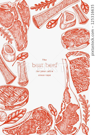 Butchery Shop Design Template. Vector Hand Drawn Meat Banner. Vintage Style Bar B Q Menu Illustration. 125316635