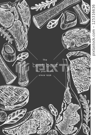 Butchery Shop Chalk Board Design Template. Vector Hand Drawn Meat Banner. Vintage Style Bar B Q Menu Illustration. Butchery Shop Chalk Board Design Template. Vector Hand Drawn Meat Banner. Vintage Style Bar B Q Menu Illustration. 125316636