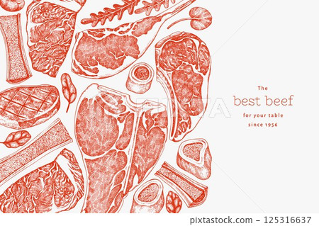 Butchery Shop Design Template. Vector Hand Drawn Meat Banner. Vintage Style Bar B Q Menu Illustration. Butchery Shop Design Template. Vector Hand Drawn Meat Banner. Vintage Style Bar B Q Menu Illustration. 125316637