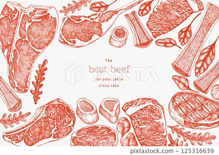 Butchery Shop Design Template. Vector Hand Drawn Meat Banner. Vintage Style Bar B Q Menu Illustration. 125316639