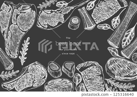 Butchery Shop Chalk Board Design Template. Vector Hand Drawn Meat Banner. Vintage Style Bar B Q Menu Illustration. 125316640
