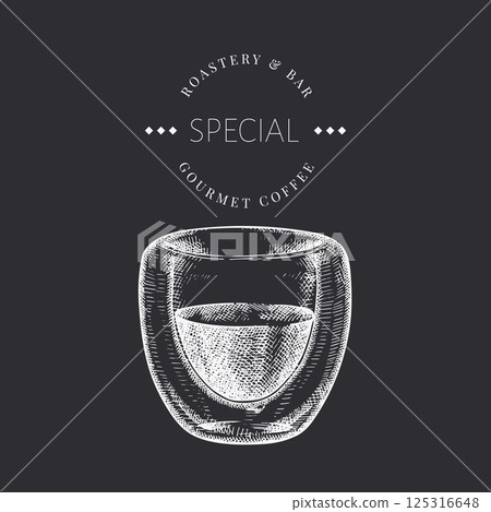 Coffee Cup Chalk Board Illustration. Vector Hand Drawn Isolated Espresso Cup. Vintage Style Beverage 125316648