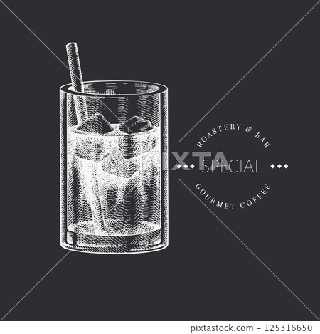 Coffee Cup Chalk Board Illustration. Vector Hand Drawn Isolated Espresso Tonic Glass. Vintage Style Beverage 125316650