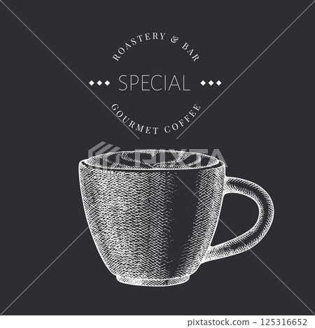 Coffee Cup Chalk Board Illustration. Vector Hand Drawn Isolated Cappuccino Mug. Vintage Style Beverage 125316652