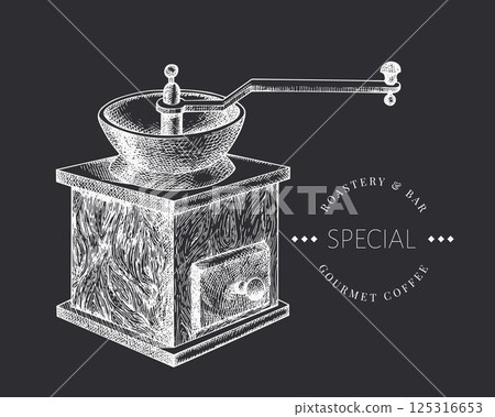 Manual Coffee Grinder Chalk Board Illustration. Vector Hand Drawn Isolated Mill. Vintage Style Coffee Equipment 125316653
