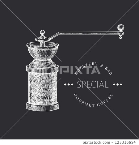 Manual Coffee Grinder Chalk Board Illustration. Vector Hand Drawn Isolated Mill. Vintage Style Coffee Equipment Manual Coffee Grinder Chalk Board Illustration. Vector Hand Drawn Isolated Mill. Vintage Style Coffee Equipment 125316654