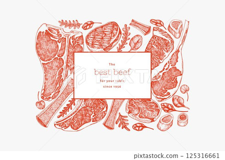 Butchery Shop Design Template. Vector Hand Drawn Meat Banner. Vintage Style Bar B Q Menu Illustration. 125316661