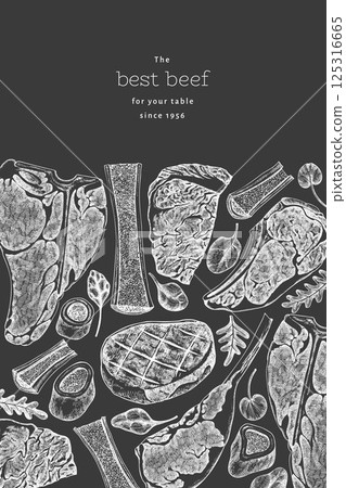 Butchery Shop Chalk Board Design Template. Vector Hand Drawn Meat Banner. Vintage Style Bar B Q Menu Illustration. 125316665