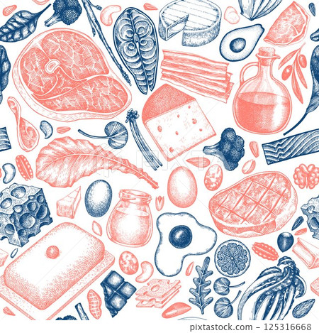 Keto Diet Seamless Pattern. Vector Hand Drawn Healthy Food Background. Vintage Style Ketogenic Menu Illustration. Keto Diet Seamless Pattern. Vector Hand Drawn Healthy Food Background. Vintage Style Ketogenic Menu Illustration. 125316668