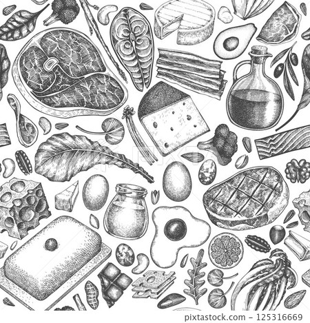 Keto Diet Seamless Pattern. Vector Hand Drawn Healthy Food Background. Vintage Style Ketogenic Menu Illustration. 125316669