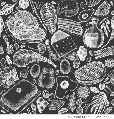 Keto Diet Chalk Board Seamless Pattern. Vector Hand Drawn Healthy Food Background. Vintage Style Ketogenic Menu Illustration. 125316670