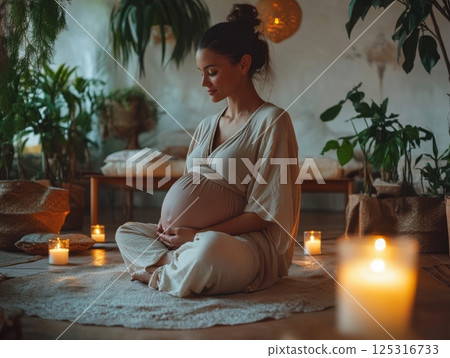 Pregnant woman practicing self-care, surrounded by candles and soothing decor in a serene space 125316733