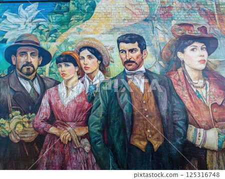 Colorful mural showing Irish immigrants impact on American culture and history 125316748