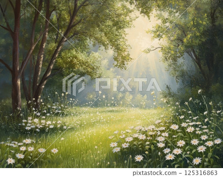 Spring morning with dew-covered flowers, soft sunlight, and fresh green grass under trees 125316863