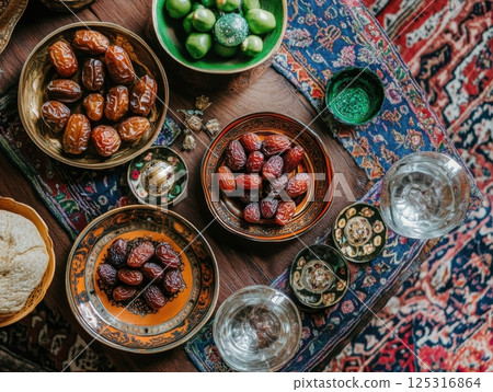 Traditional Iftar setup with dates, water, decorative plates on beautifully arranged table 125316864