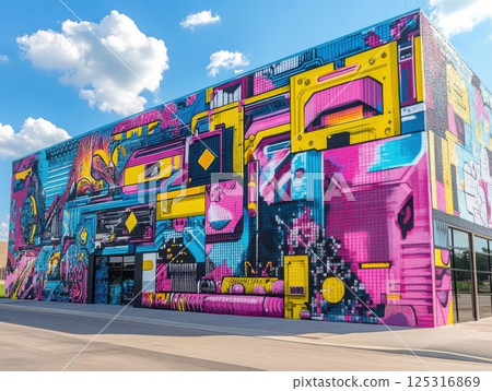 Vibrant urban mural reinterpreting 80s graffiti using modern themes 125316869
