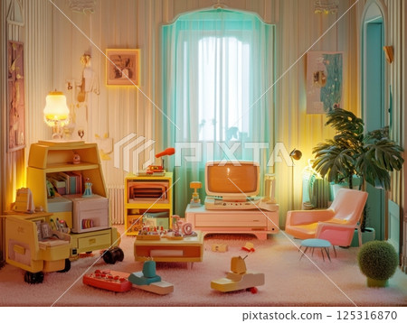 Warm family scene with 70s decor, vintage toys, soft pastel lighting, nostalgic atmosphere 125316870