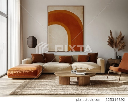Retro-inspired living room blending 70s earth tones with minimalist modern furniture, hyperrealistic details 125316892