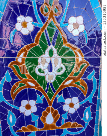 Traditional art of Uzbekistan - pattern of colored tiles on the walls of the mausoleum Gur-Emir Traditional art of Uzbekistan - pattern of colored tiles on the walls of the mausoleum Gur-Emir 125316985
