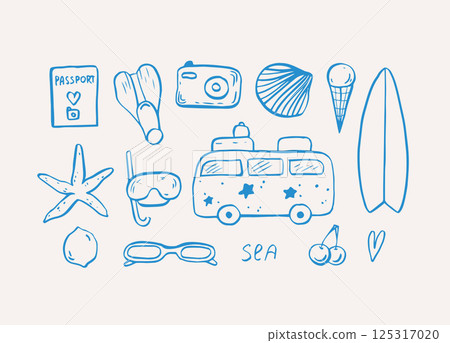 Sea life doodle hand drawn vector illustrations. Ocean life in blue color 125317020