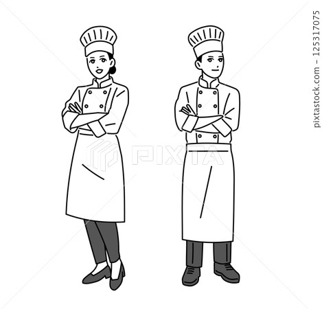 Male and female chefs standing in uniform Male and female chefs standing in uniform 125317075