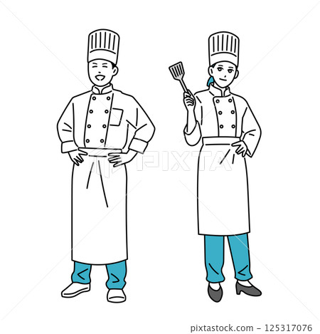 站立在製服的男性和女性廚師 125317076